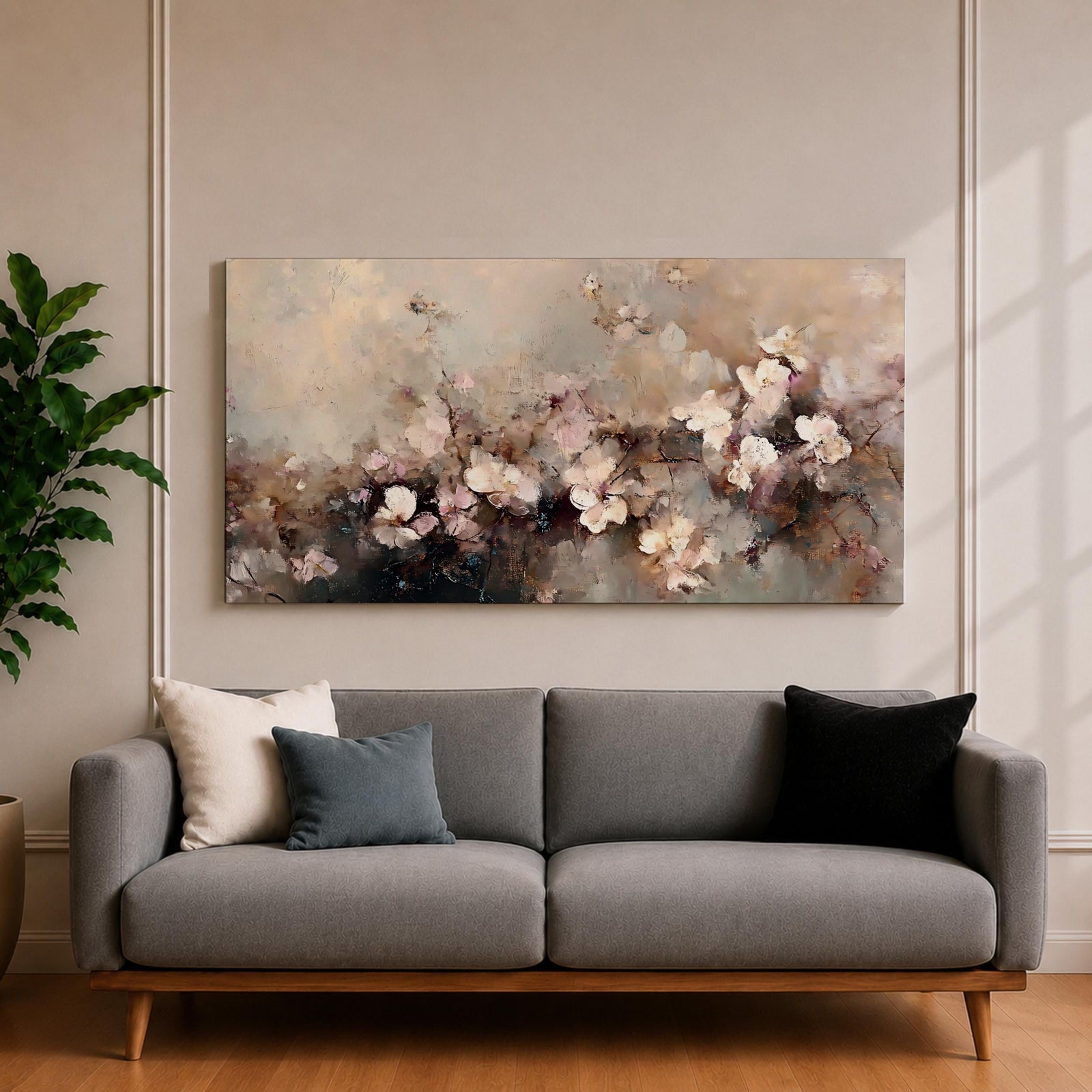Panoramic abstract painting of delicate blossom branches with soft neutral tones and textured floral petals.