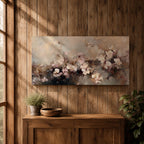 Panoramic abstract painting of delicate blossom branches with soft neutral tones and textured floral petals.