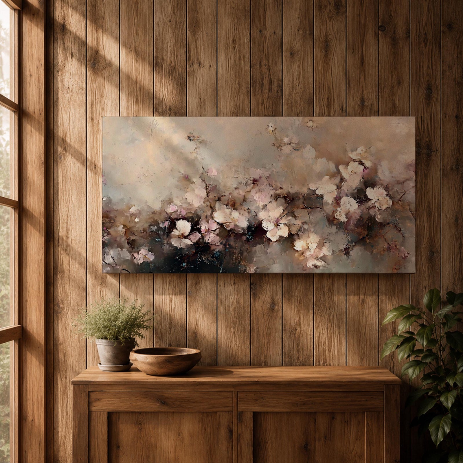 Panoramic abstract painting of delicate blossom branches with soft neutral tones and textured floral petals.
