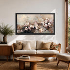 Panoramic abstract painting of delicate blossom branches with soft neutral tones and textured floral petals.