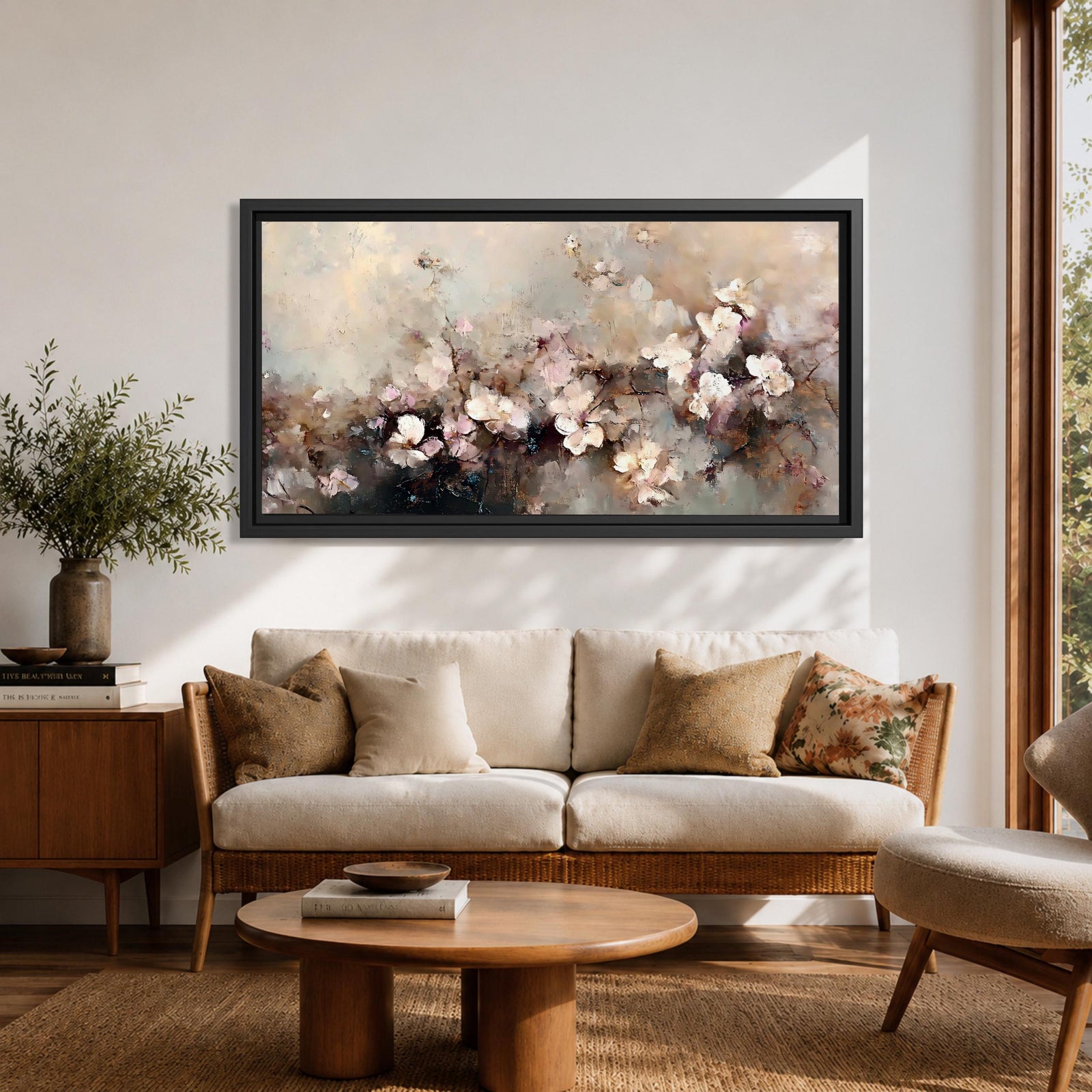 Panoramic abstract painting of delicate blossom branches with soft neutral tones and textured floral petals.