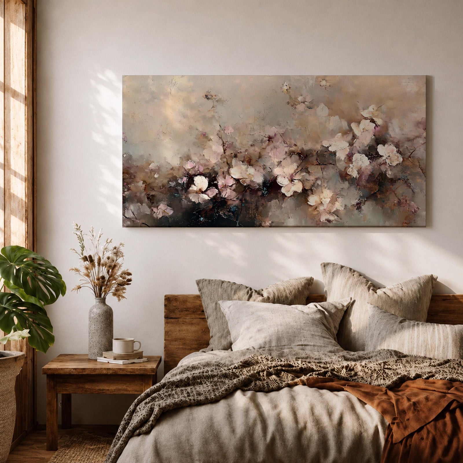 Panoramic abstract painting of delicate blossom branches with soft neutral tones and textured floral petals.