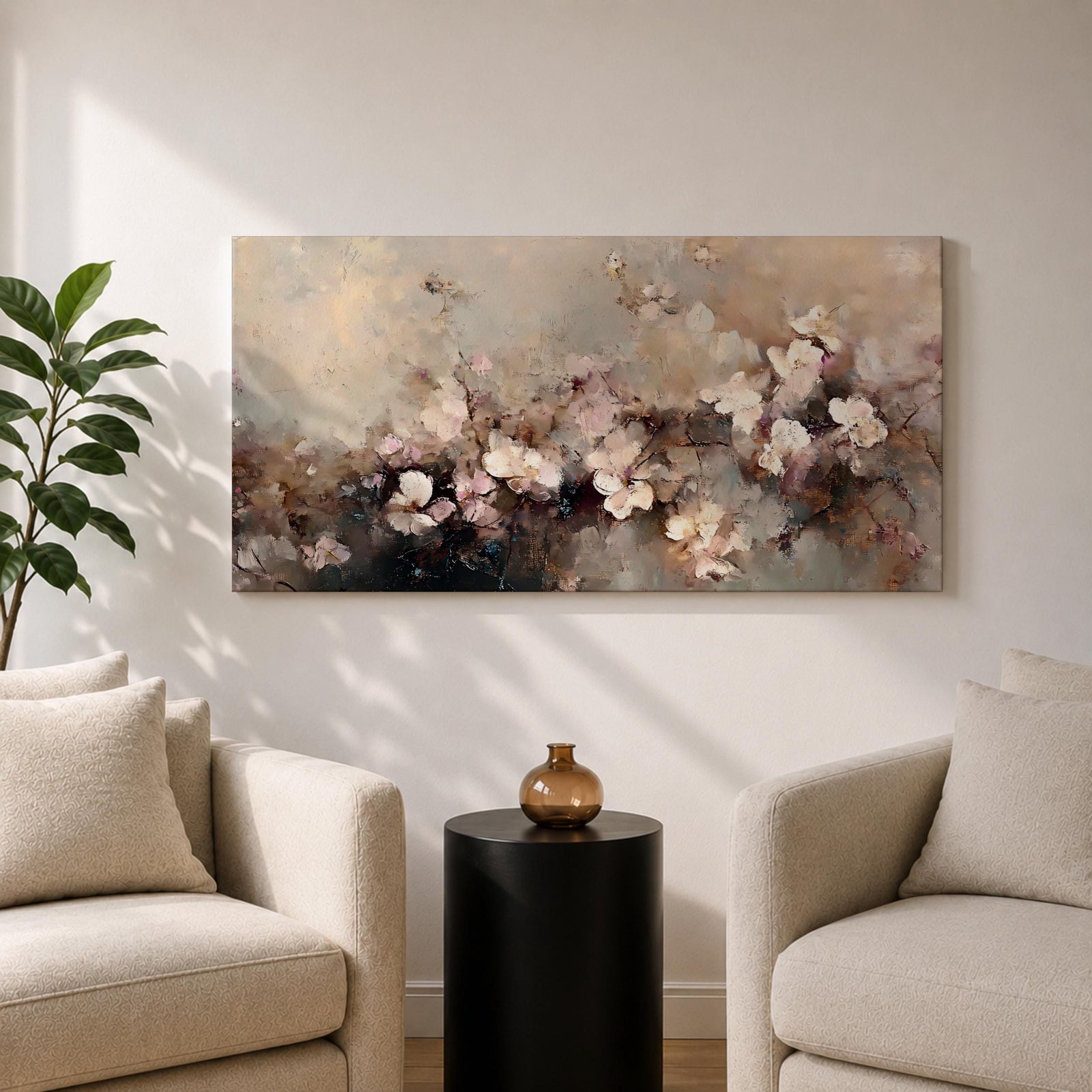 Panoramic abstract painting of delicate blossom branches with soft neutral tones and textured floral petals.