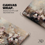 Panoramic abstract painting of delicate blossom branches with soft neutral tones and textured floral petals.