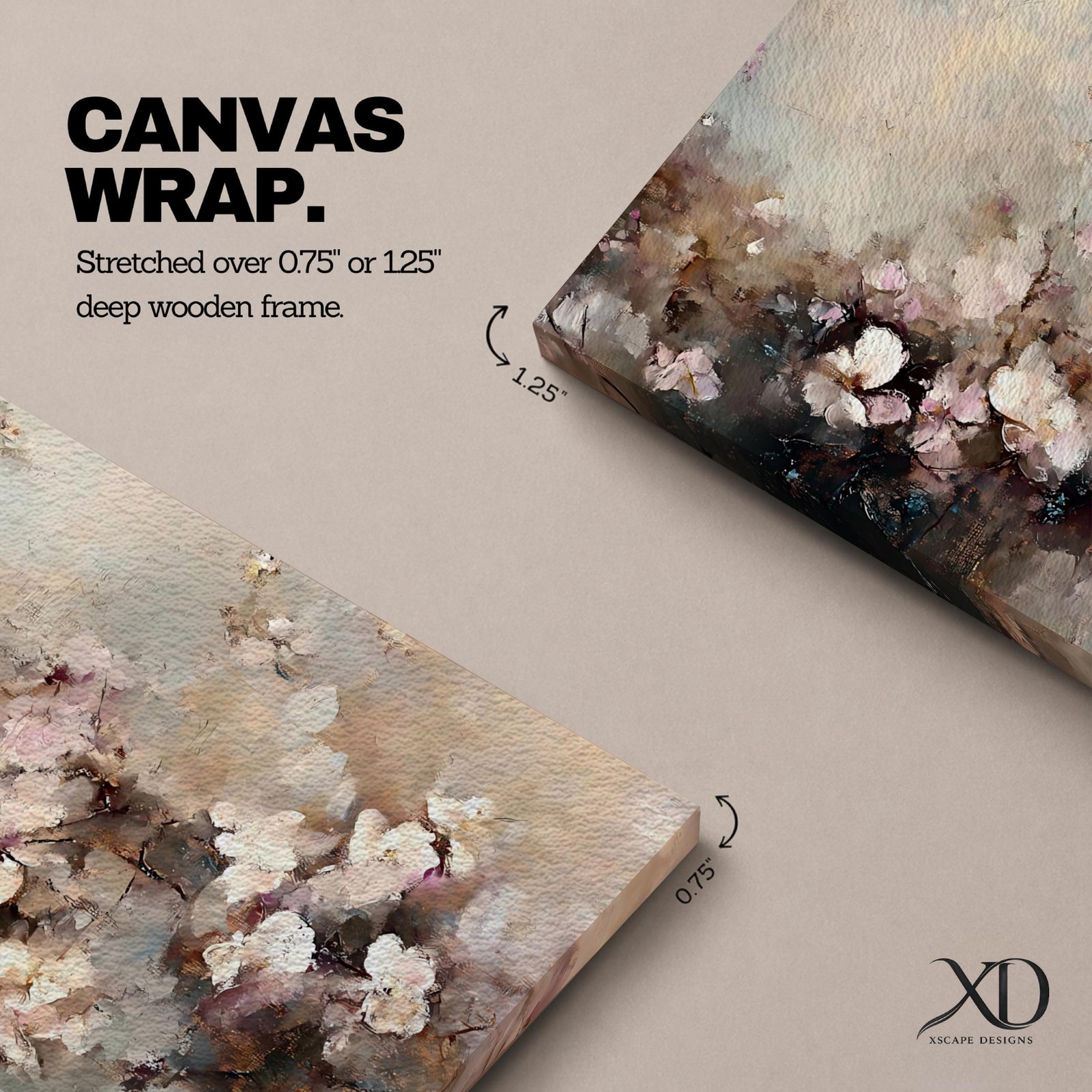 Panoramic abstract painting of delicate blossom branches with soft neutral tones and textured floral petals.