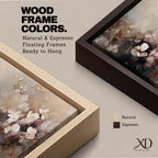 Panoramic abstract painting of delicate blossom branches with soft neutral tones and textured floral petals.