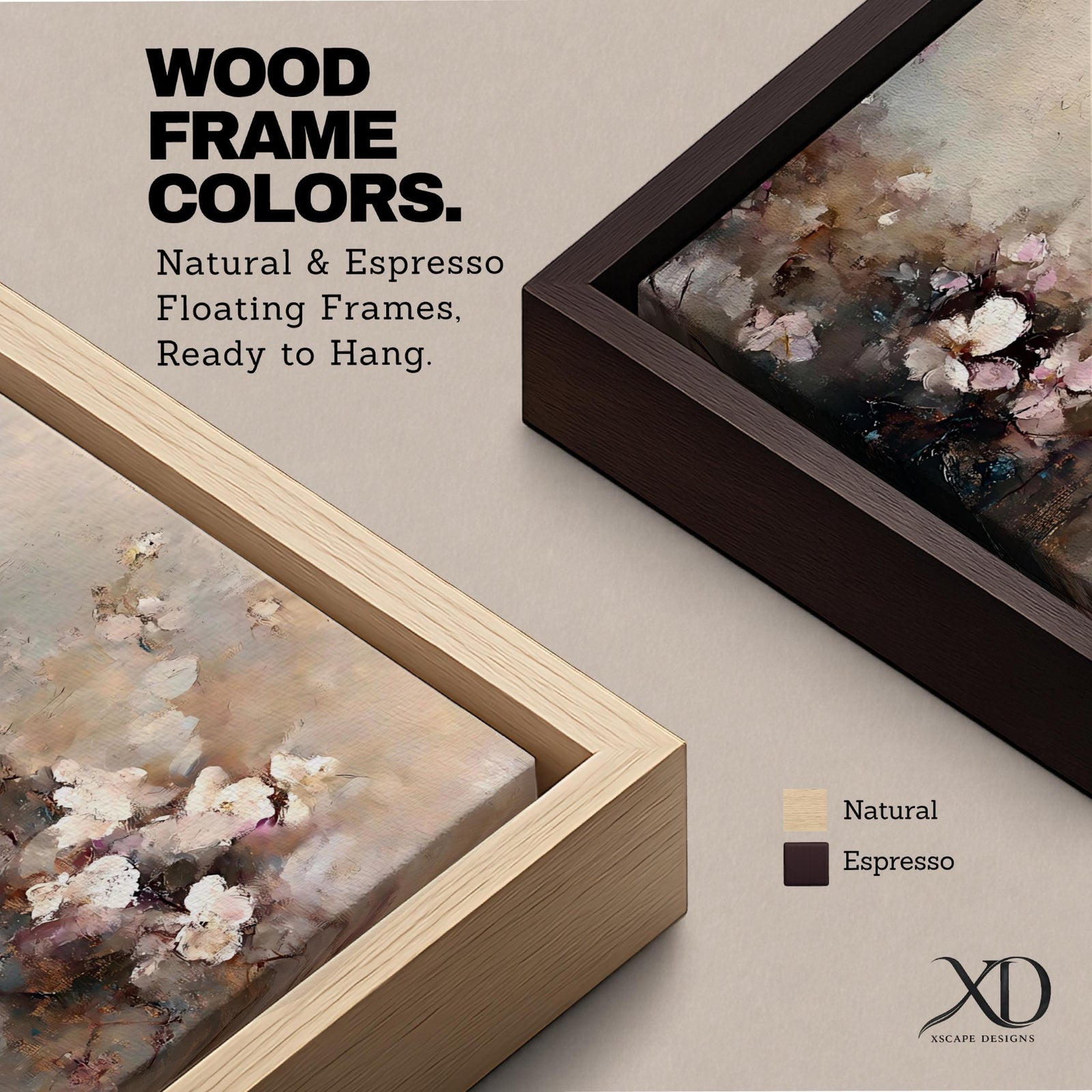 Panoramic abstract painting of delicate blossom branches with soft neutral tones and textured floral petals.