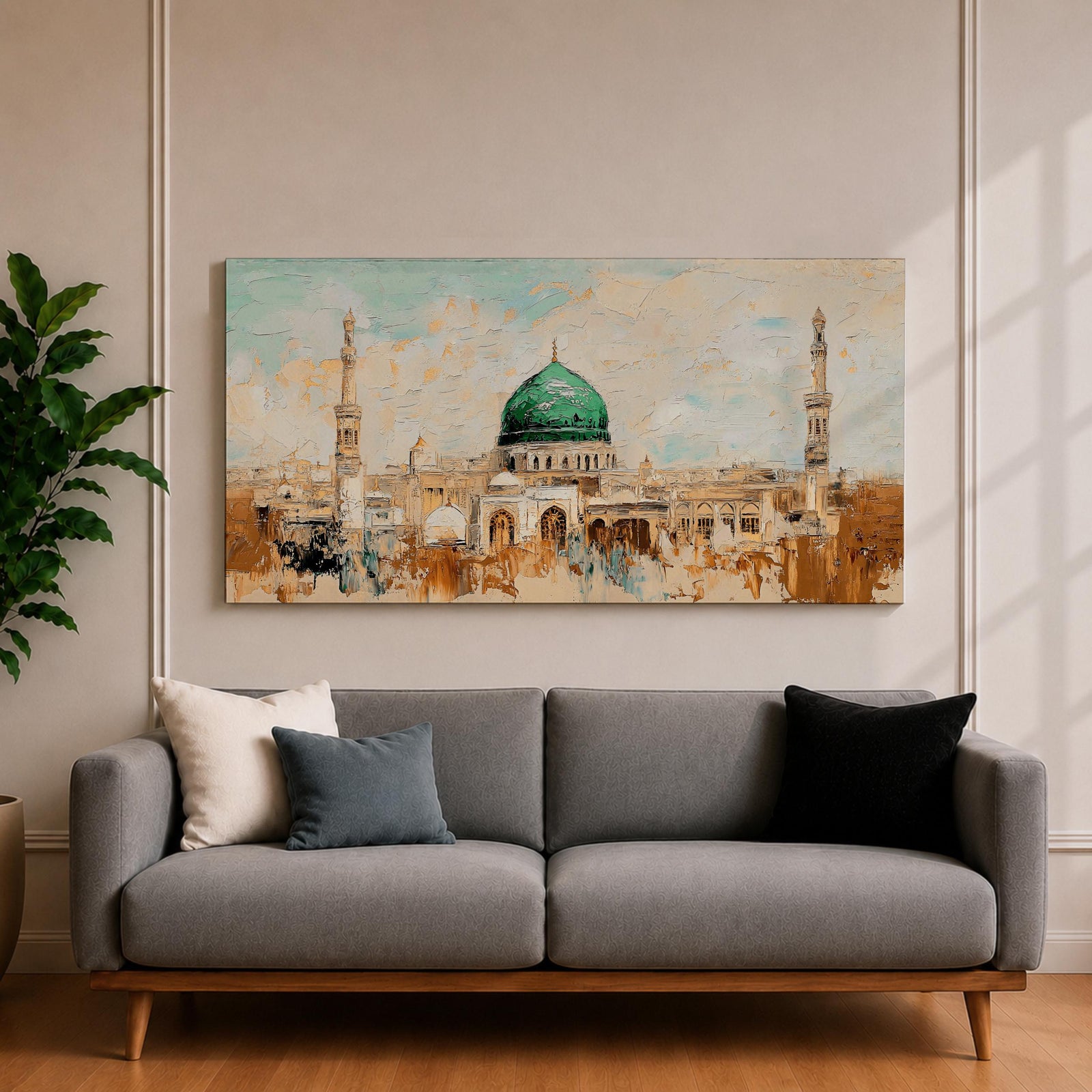 Panoramic abstract painting of Masjid Nabawi in Medina featuring the iconic green dome and two slender minarets rising above arches and mosque courtyards. The artwork uses thick textured brushstrokes in warm sand, gold, and cream tones with turquoise sky accents, highlighting the vibrant green dome in a wide horizontal composition.