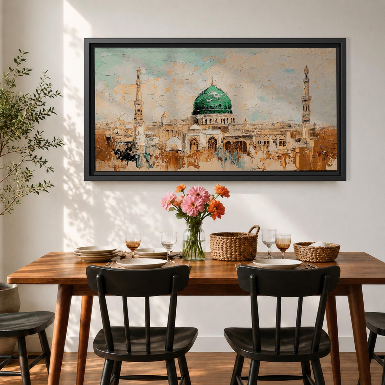 Panoramic abstract painting of Masjid Nabawi in Medina featuring the iconic green dome and two slender minarets rising above arches and mosque courtyards. The artwork uses thick textured brushstrokes in warm sand, gold, and cream tones with turquoise sky accents, highlighting the vibrant green dome in a wide horizontal composition.