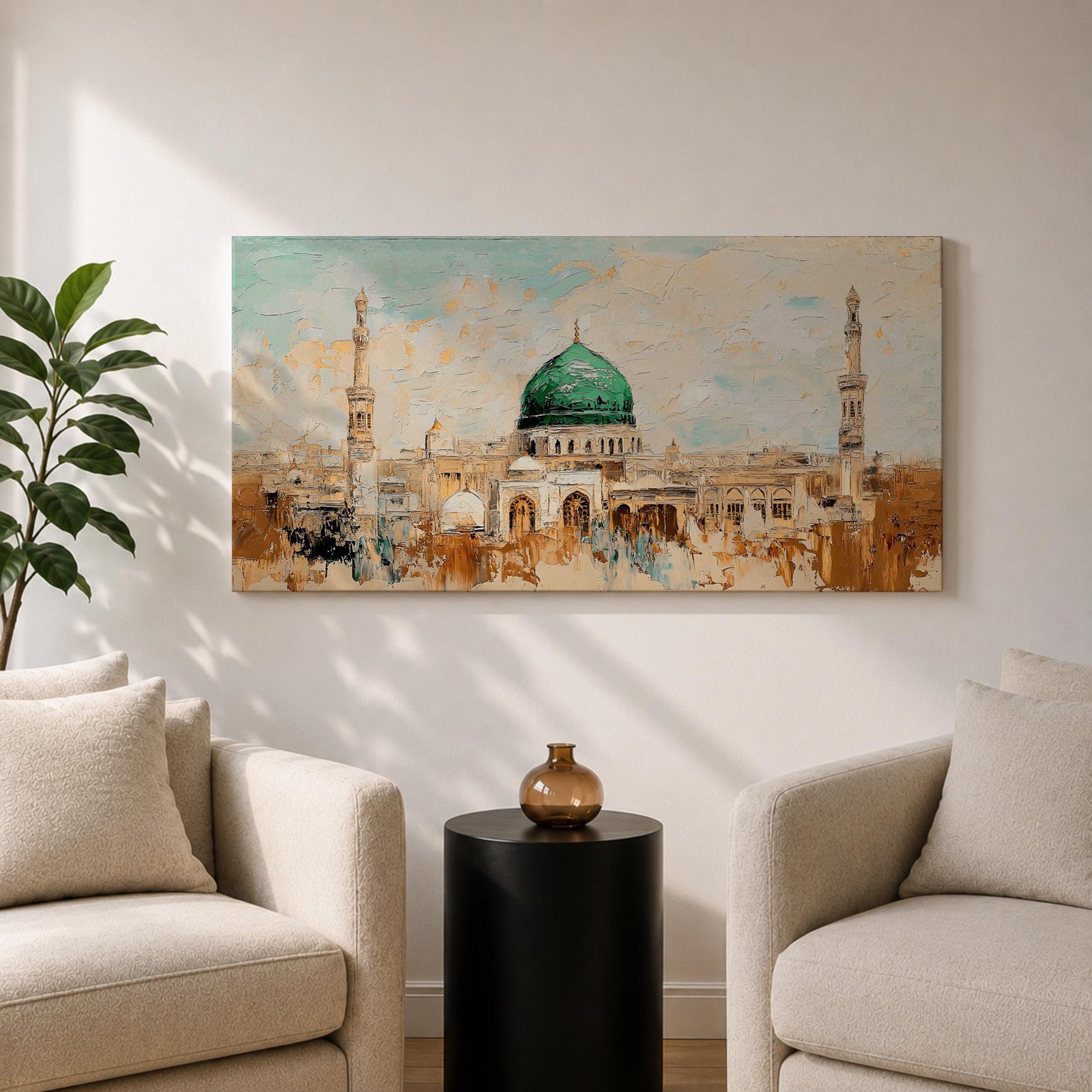 Panoramic abstract painting of Masjid Nabawi in Medina featuring the iconic green dome and two slender minarets rising above arches and mosque courtyards. The artwork uses thick textured brushstrokes in warm sand, gold, and cream tones with turquoise sky accents, highlighting the vibrant green dome in a wide horizontal composition.