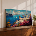 Panoramic impressionist painting of Santorini showing whitewashed cliffside buildings and blue domed churches overlooking the deep blue Aegean Sea. The scene includes sailboats on the water, rugged coastal cliffs in the distance, and vibrant bougainvillea flowers in the foreground painted with textured brushstrokes.