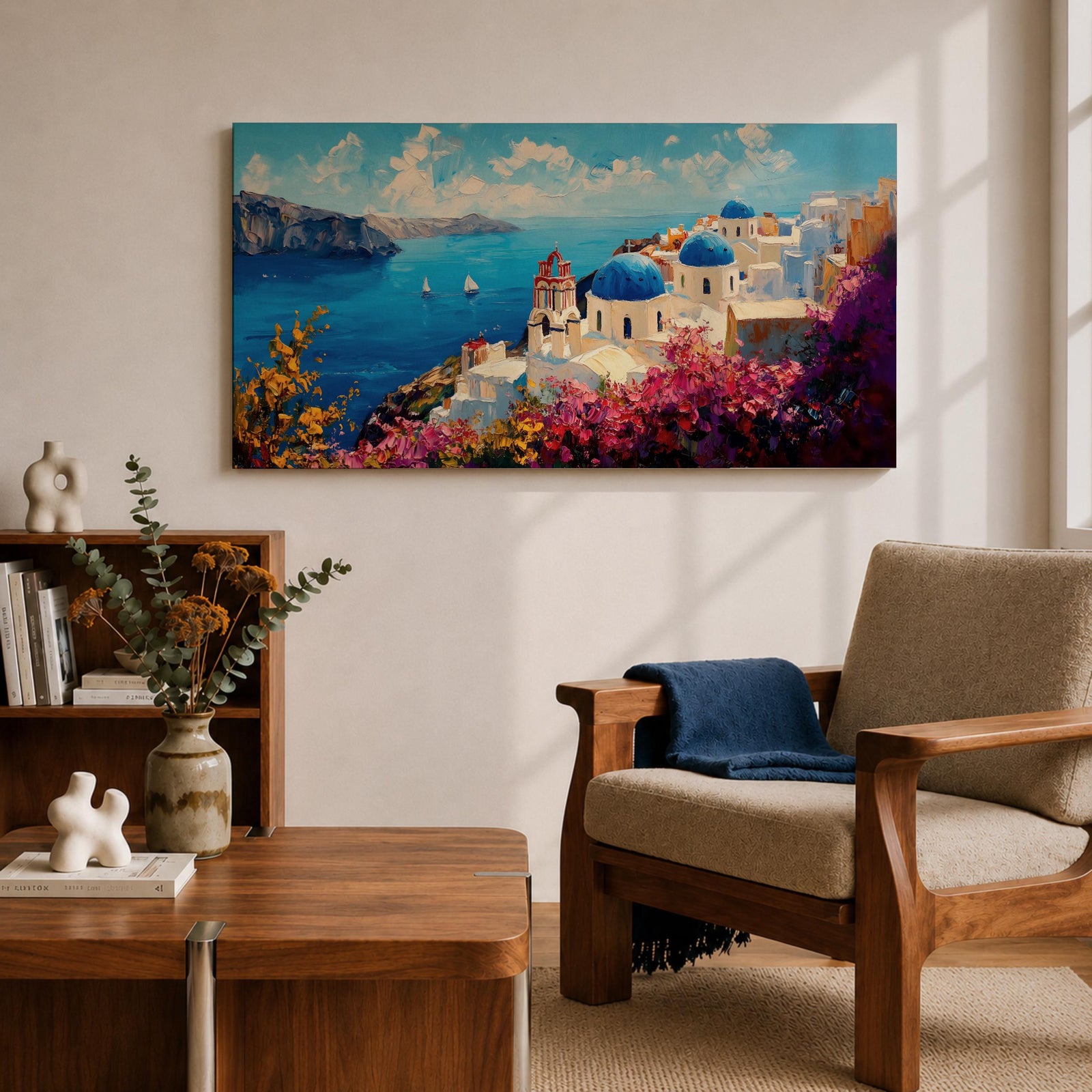 Panoramic impressionist painting of Santorini showing whitewashed cliffside buildings and blue domed churches overlooking the deep blue Aegean Sea. The scene includes sailboats on the water, rugged coastal cliffs in the distance, and vibrant bougainvillea flowers in the foreground painted with textured brushstrokes.