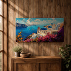 Panoramic impressionist painting of Santorini showing whitewashed cliffside buildings and blue domed churches overlooking the deep blue Aegean Sea. The scene includes sailboats on the water, rugged coastal cliffs in the distance, and vibrant bougainvillea flowers in the foreground painted with textured brushstrokes.