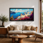 Panoramic impressionist painting of Santorini showing whitewashed cliffside buildings and blue domed churches overlooking the deep blue Aegean Sea. The scene includes sailboats on the water, rugged coastal cliffs in the distance, and vibrant bougainvillea flowers in the foreground painted with textured brushstrokes.