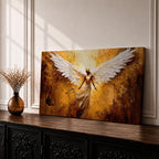 Panoramic painting of a luminous winged figure rising in radiant golden light with large white feathered wings spread wide. The composition uses thick textured brushstrokes in gold, amber, and bronze tones with flowing robes and glowing highlights that emphasize the dramatic celestial presence.