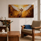 Panoramic painting of a luminous winged figure rising in radiant golden light with large white feathered wings spread wide. The composition uses thick textured brushstrokes in gold, amber, and bronze tones with flowing robes and glowing highlights that emphasize the dramatic celestial presence.