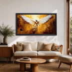 Panoramic painting of a luminous winged figure rising in radiant golden light with large white feathered wings spread wide. The composition uses thick textured brushstrokes in gold, amber, and bronze tones with flowing robes and glowing highlights that emphasize the dramatic celestial presence.