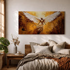 Panoramic painting of a luminous winged figure rising in radiant golden light with large white feathered wings spread wide. The composition uses thick textured brushstrokes in gold, amber, and bronze tones with flowing robes and glowing highlights that emphasize the dramatic celestial presence.