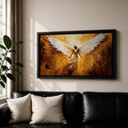Panoramic painting of a luminous winged figure rising in radiant golden light with large white feathered wings spread wide. The composition uses thick textured brushstrokes in gold, amber, and bronze tones with flowing robes and glowing highlights that emphasize the dramatic celestial presence.