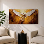 Panoramic painting of a luminous winged figure rising in radiant golden light with large white feathered wings spread wide. The composition uses thick textured brushstrokes in gold, amber, and bronze tones with flowing robes and glowing highlights that emphasize the dramatic celestial presence.