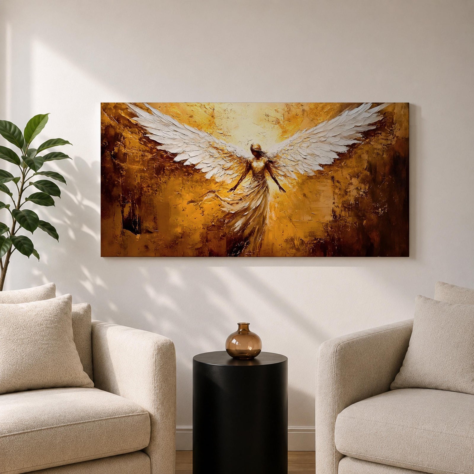 Panoramic painting of a luminous winged figure rising in radiant golden light with large white feathered wings spread wide. The composition uses thick textured brushstrokes in gold, amber, and bronze tones with flowing robes and glowing highlights that emphasize the dramatic celestial presence.