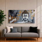 Panoramic painting of a serene Buddha portrait with closed eyes rendered in textured gray and gold tones. The composition features golden leaves and white blossoms surrounding the calm face, with layered brushstrokes and metallic accents creating contrast against a dark abstract background.
