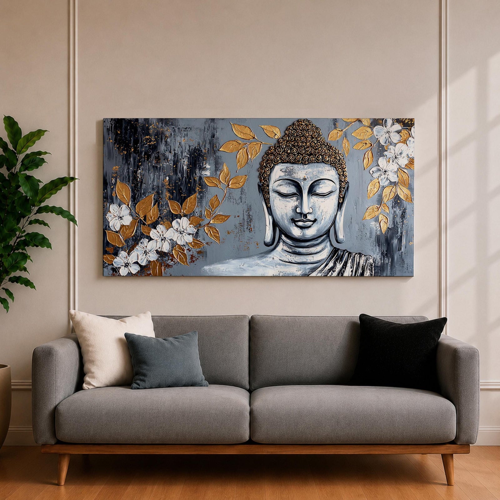 Panoramic painting of a serene Buddha portrait with closed eyes rendered in textured gray and gold tones. The composition features golden leaves and white blossoms surrounding the calm face, with layered brushstrokes and metallic accents creating contrast against a dark abstract background.