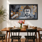 Panoramic painting of a serene Buddha portrait with closed eyes rendered in textured gray and gold tones. The composition features golden leaves and white blossoms surrounding the calm face, with layered brushstrokes and metallic accents creating contrast against a dark abstract background.