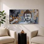 Panoramic painting of a serene Buddha portrait with closed eyes rendered in textured gray and gold tones. The composition features golden leaves and white blossoms surrounding the calm face, with layered brushstrokes and metallic accents creating contrast against a dark abstract background.