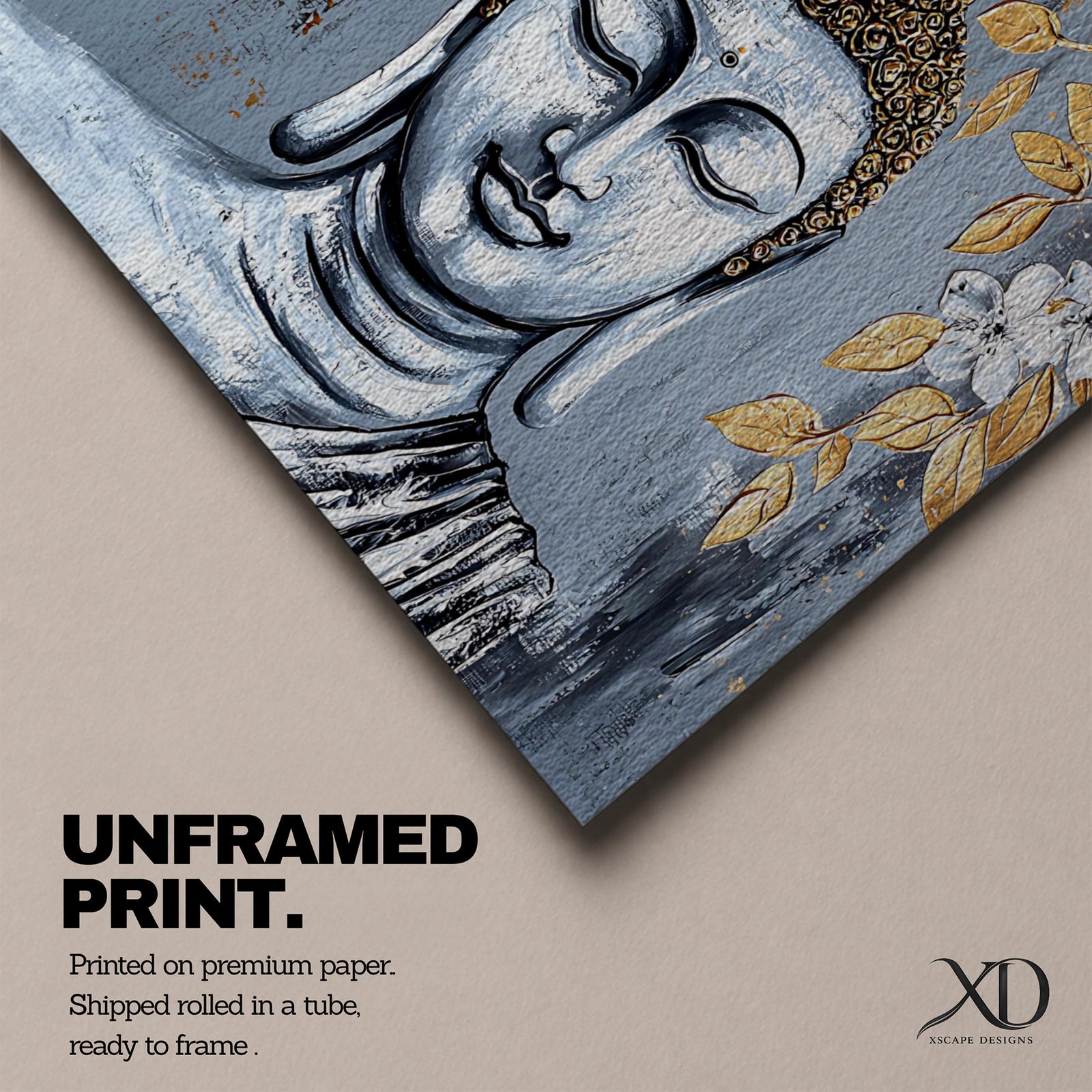 Panoramic painting of a serene Buddha portrait with closed eyes rendered in textured gray and gold tones. The composition features golden leaves and white blossoms surrounding the calm face, with layered brushstrokes and metallic accents creating contrast against a dark abstract background.