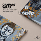 Panoramic painting of a serene Buddha portrait with closed eyes rendered in textured gray and gold tones. The composition features golden leaves and white blossoms surrounding the calm face, with layered brushstrokes and metallic accents creating contrast against a dark abstract background.