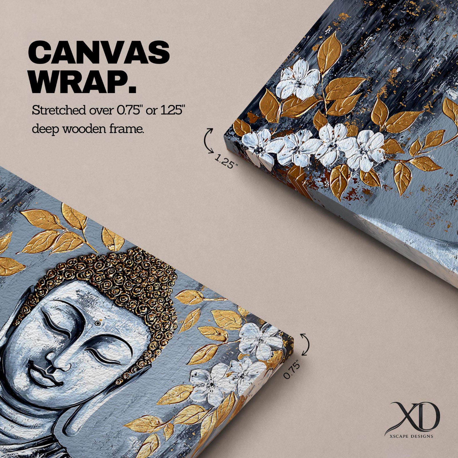Panoramic painting of a serene Buddha portrait with closed eyes rendered in textured gray and gold tones. The composition features golden leaves and white blossoms surrounding the calm face, with layered brushstrokes and metallic accents creating contrast against a dark abstract background.