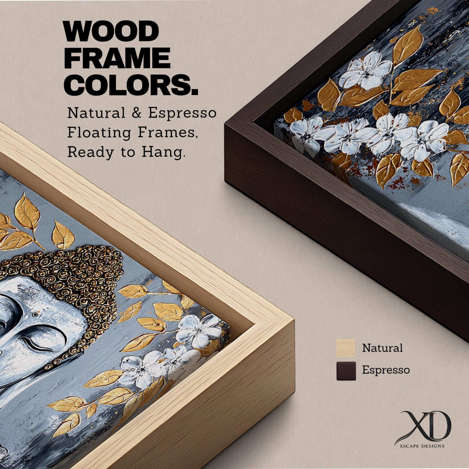 Panoramic painting of a serene Buddha portrait with closed eyes rendered in textured gray and gold tones. The composition features golden leaves and white blossoms surrounding the calm face, with layered brushstrokes and metallic accents creating contrast against a dark abstract background.