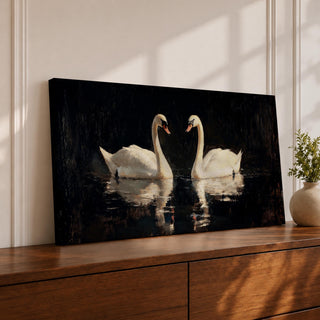 Panoramic painting of two white swans facing each other on dark reflective water with graceful curved necks forming a symmetrical composition. The birds glow against a deep black background with shimmering reflections and textured brushstrokes highlighting feathers and light across the calm water surface.