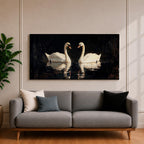 Panoramic painting of two white swans facing each other on dark reflective water with graceful curved necks forming a symmetrical composition. The birds glow against a deep black background with shimmering reflections and textured brushstrokes highlighting feathers and light across the calm water surface.