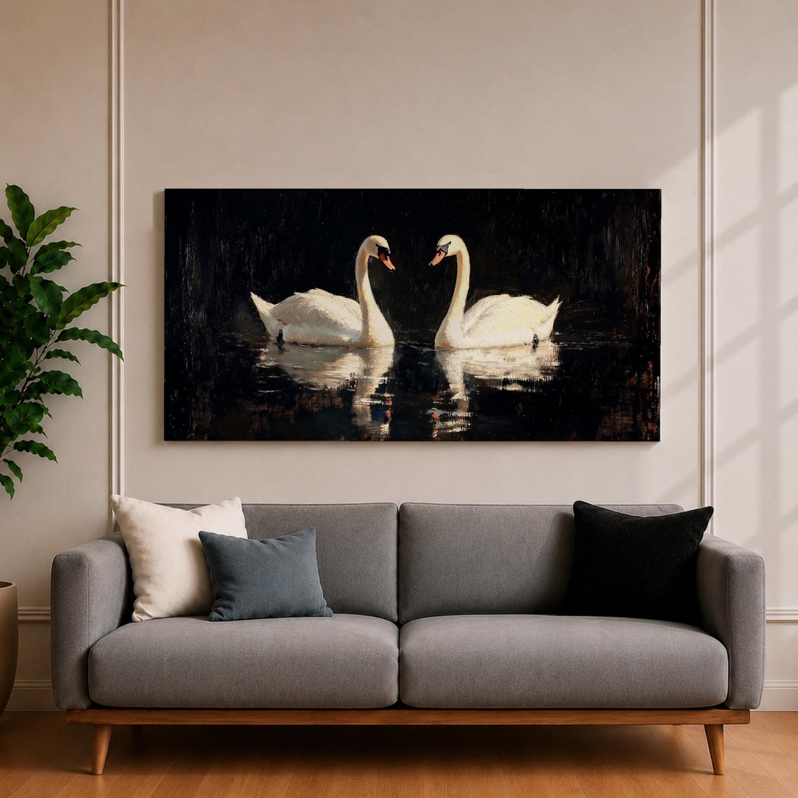 Panoramic painting of two white swans facing each other on dark reflective water with graceful curved necks forming a symmetrical composition. The birds glow against a deep black background with shimmering reflections and textured brushstrokes highlighting feathers and light across the calm water surface.