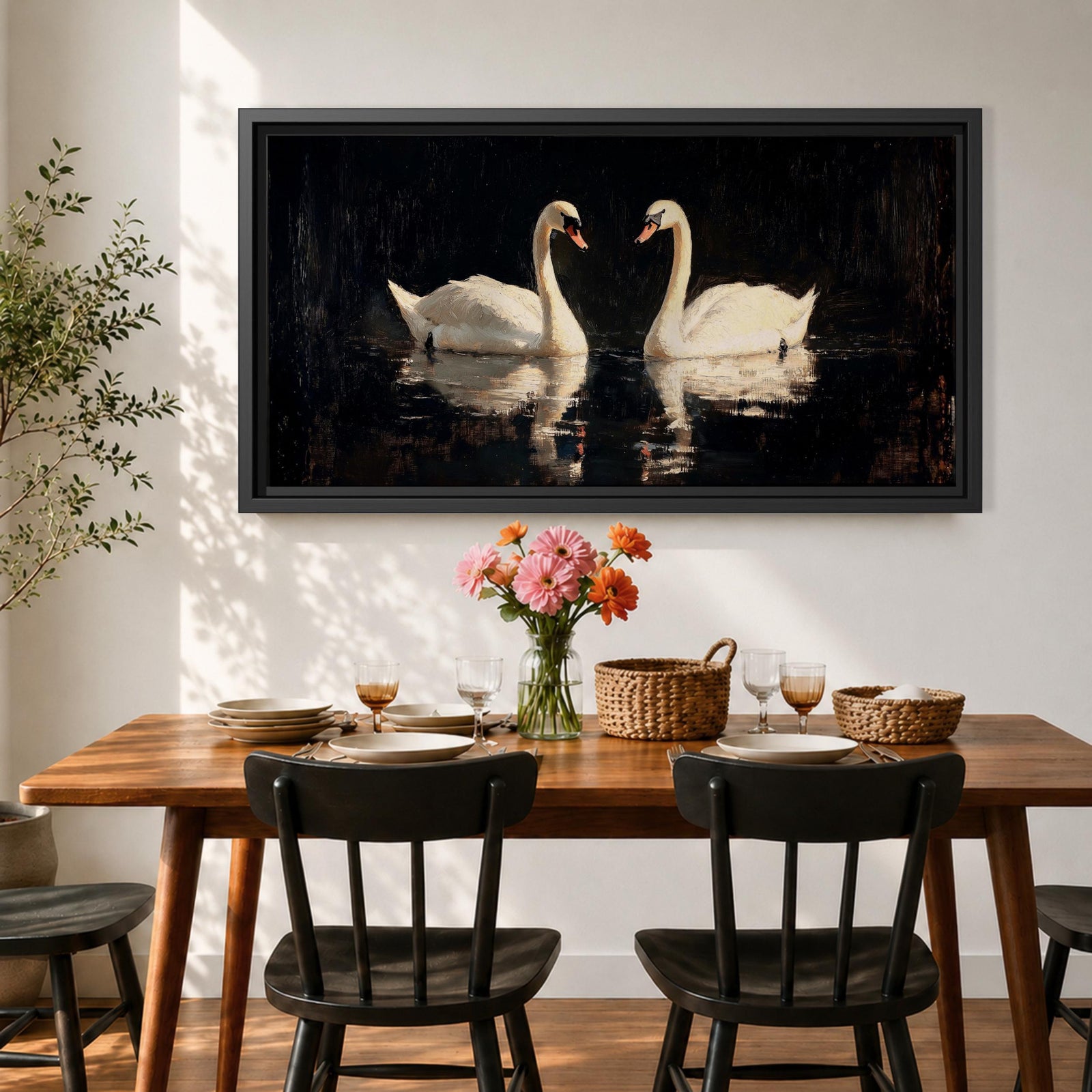 Panoramic painting of two white swans facing each other on dark reflective water with graceful curved necks forming a symmetrical composition. The birds glow against a deep black background with shimmering reflections and textured brushstrokes highlighting feathers and light across the calm water surface.