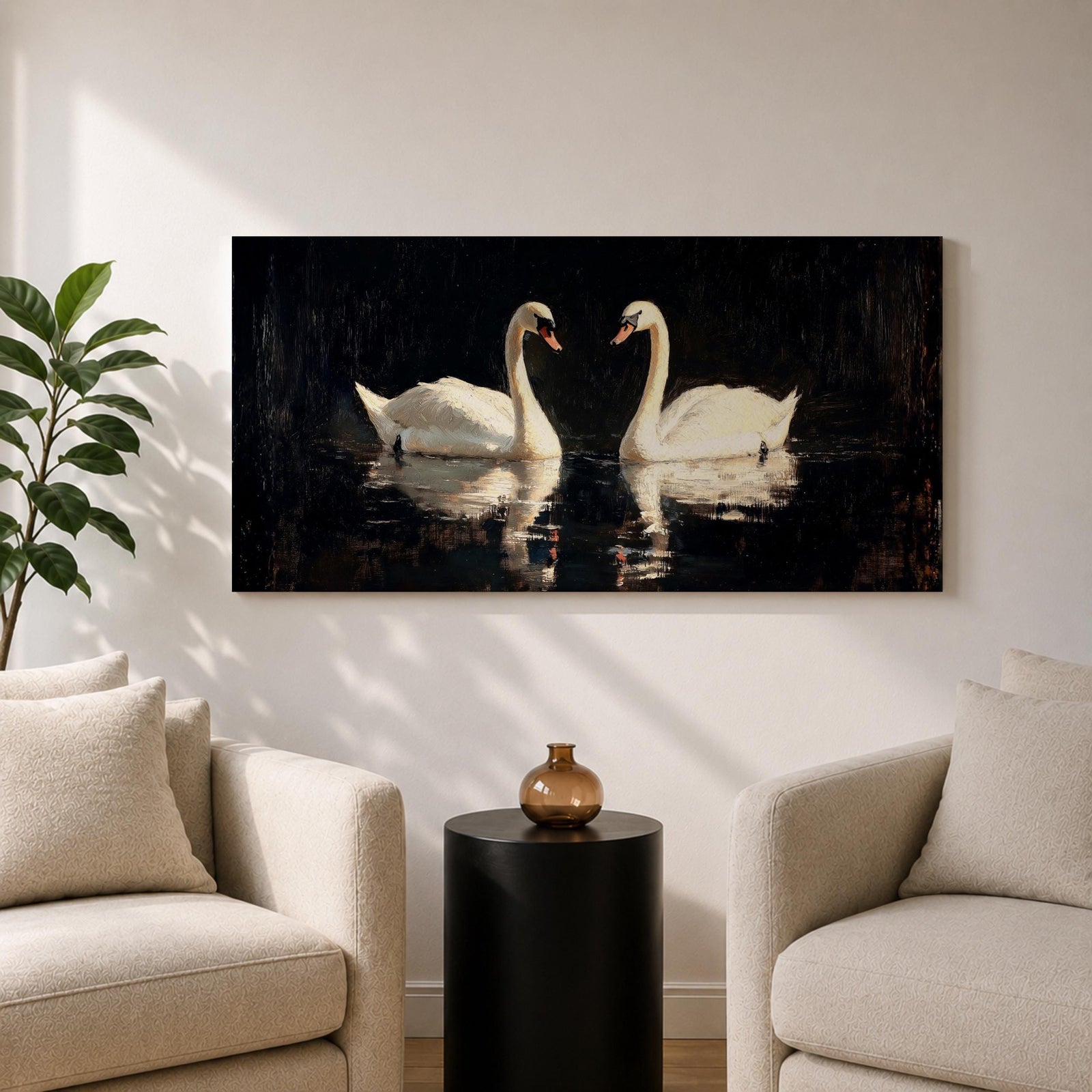 Panoramic painting of two white swans facing each other on dark reflective water with graceful curved necks forming a symmetrical composition. The birds glow against a deep black background with shimmering reflections and textured brushstrokes highlighting feathers and light across the calm water surface.
