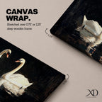 Panoramic painting of two white swans facing each other on dark reflective water with graceful curved necks forming a symmetrical composition. The birds glow against a deep black background with shimmering reflections and textured brushstrokes highlighting feathers and light across the calm water surface.