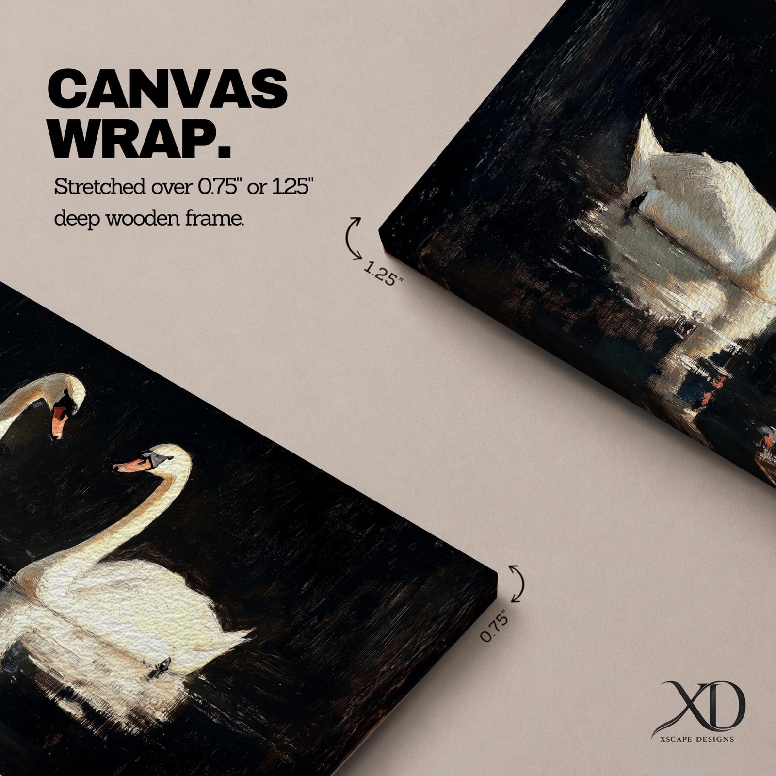 Panoramic painting of two white swans facing each other on dark reflective water with graceful curved necks forming a symmetrical composition. The birds glow against a deep black background with shimmering reflections and textured brushstrokes highlighting feathers and light across the calm water surface.