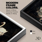 Panoramic painting of two white swans facing each other on dark reflective water with graceful curved necks forming a symmetrical composition. The birds glow against a deep black background with shimmering reflections and textured brushstrokes highlighting feathers and light across the calm water surface.