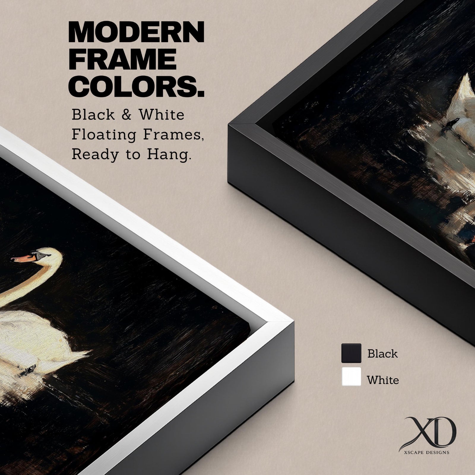 Panoramic painting of two white swans facing each other on dark reflective water with graceful curved necks forming a symmetrical composition. The birds glow against a deep black background with shimmering reflections and textured brushstrokes highlighting feathers and light across the calm water surface.