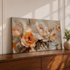 Panoramic floral painting featuring large peach and cream garden style blossoms with layered petals arranged in a soft bouquet composition. Thick textured brushstrokes in warm peach, ivory, and beige tones blend with muted green leaves and a light neutral background creating a wide botanical composition.