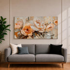 Panoramic floral painting featuring large peach and cream garden style blossoms with layered petals arranged in a soft bouquet composition. Thick textured brushstrokes in warm peach, ivory, and beige tones blend with muted green leaves and a light neutral background creating a wide botanical composition.