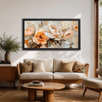 Panoramic floral painting featuring large peach and cream garden style blossoms with layered petals arranged in a soft bouquet composition. Thick textured brushstrokes in warm peach, ivory, and beige tones blend with muted green leaves and a light neutral background creating a wide botanical composition.