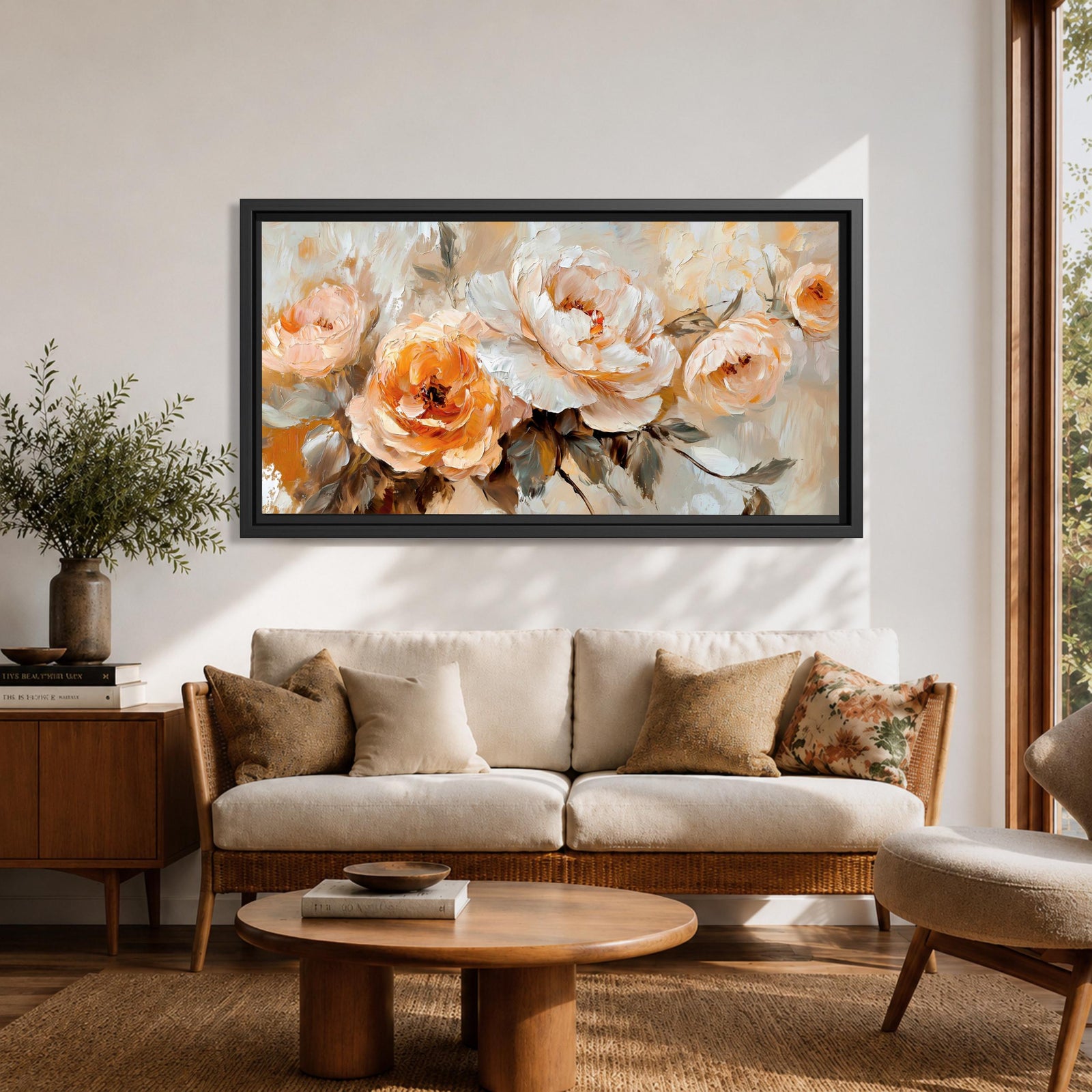 Panoramic floral painting featuring large peach and cream garden style blossoms with layered petals arranged in a soft bouquet composition. Thick textured brushstrokes in warm peach, ivory, and beige tones blend with muted green leaves and a light neutral background creating a wide botanical composition.