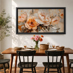 Panoramic floral painting featuring large peach and cream garden style blossoms with layered petals arranged in a soft bouquet composition. Thick textured brushstrokes in warm peach, ivory, and beige tones blend with muted green leaves and a light neutral background creating a wide botanical composition.