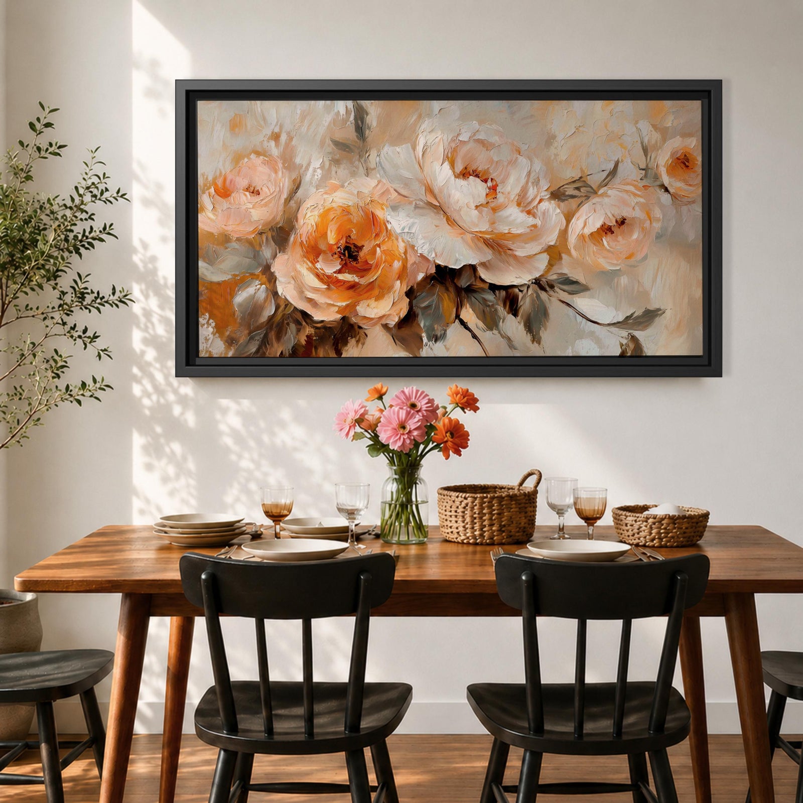 Panoramic floral painting featuring large peach and cream garden style blossoms with layered petals arranged in a soft bouquet composition. Thick textured brushstrokes in warm peach, ivory, and beige tones blend with muted green leaves and a light neutral background creating a wide botanical composition.