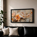 Panoramic floral painting featuring large peach and cream garden style blossoms with layered petals arranged in a soft bouquet composition. Thick textured brushstrokes in warm peach, ivory, and beige tones blend with muted green leaves and a light neutral background creating a wide botanical composition.