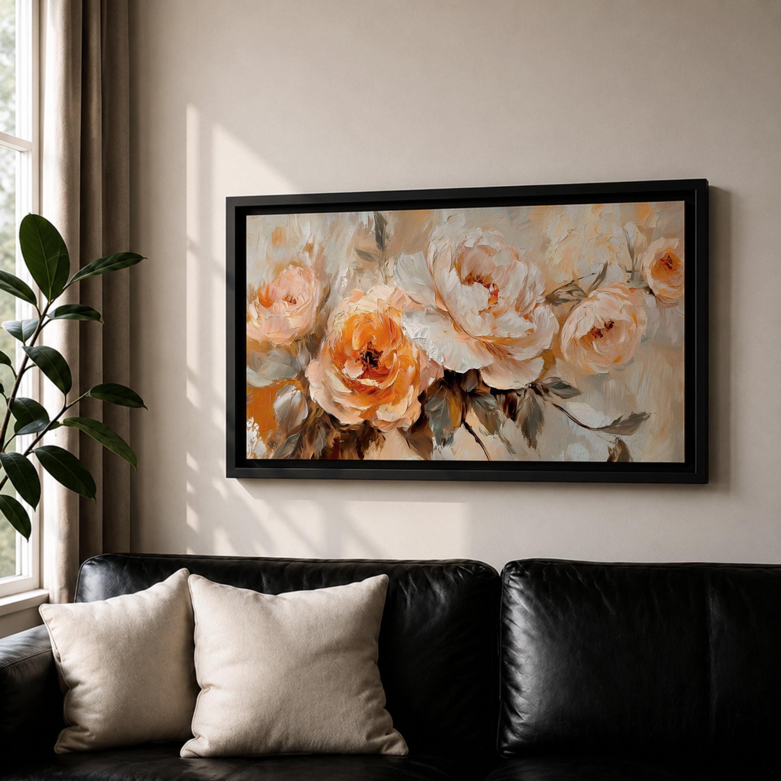 Panoramic floral painting featuring large peach and cream garden style blossoms with layered petals arranged in a soft bouquet composition. Thick textured brushstrokes in warm peach, ivory, and beige tones blend with muted green leaves and a light neutral background creating a wide botanical composition.